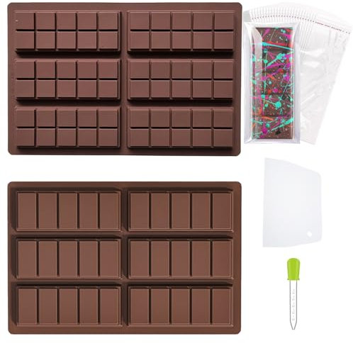 2 Stück Schokoladenform Silikon Tief Mit 6 Fächern - Mit Kostenlosem Spatel, Dropper, Lebensmittelbeutel - Geeignet Für Kinderpartys Und Backen