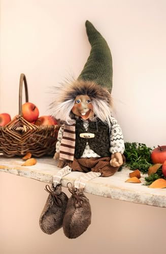 Dekoleidenschaft Kantenhocker Wichtel 50 cm hoch, Dekowichtel mit Schlenkerbeinen, Dekofigur sitzend, Winterdeko, Kantensitzer, Weihnachtsdeko
