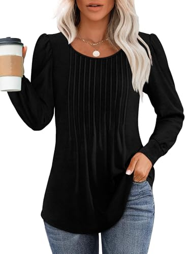 Chicrise 2024 Longshirt Damen Rundhals Langarm Mit Button Bluse Damen Elegant Plissee Puff Sleeve Top Schwarz Groß 42-44 L