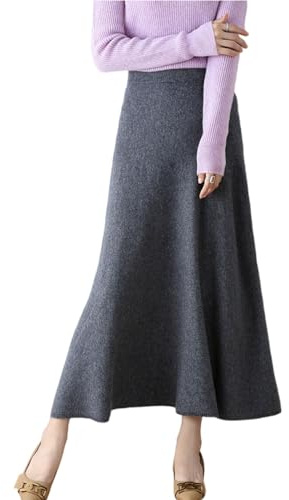 Ailaile Jupe longue pour femme - Automne et hiver - 100 % laine mérinos - Jupe tricotée - Jupe côtelée élastique solide et chaude