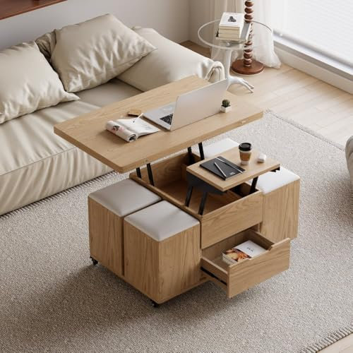 Homary Natural Lift Top Coffee Table with Hidden Storage, 3 in 1 Multi-Function Modern Folding Center Table with 4 Stools and Casters