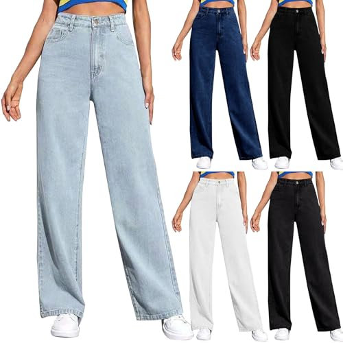 Artikel unter 5 Euro Jeans Damen Baggy Geradem Bein Jeans Damen Weites Bein Jeanshose mit Taschen Hohe Taille Boyfriend Y2K Jeans Hosen Denim Hose Hose schwarz Damen