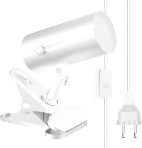 Powice E27 Klemmlampe mit Stecker,Lampenfassung mit Stecker,360° Verstellbarer Klemmleuchte E27,E27 Klemmleuchte Langes 160cm Kabel mit Schalter für Schlafzimmer Bett Büro, Weiß (ohne Glühbirne)