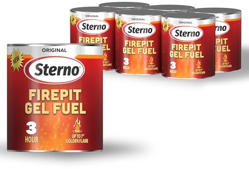 Sterno 6er-Pack Feuerstelle Gel Brennstoff – 3 Stunden Brenndauer, realistische Holzknistergeräusche – rauchfrei & geruchlos, keine Asche & Ruß – Allwetterbrenner für Innen- und Außen-Feuerstelle