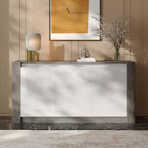 Sideboard, Hochglanz farblich passender Kabinett, griffloses Design, mit Dämpfungsscharnieren und verstellbaren Einlegeböden (Weiß+Grau)