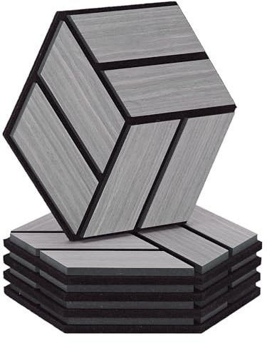 Homestyle4u 5er Set Akustikplatten Hexagon 30x26 cm Grau Schallschutz | Wandpaneele in Wabenform mit 3D Holzoptik und Filz, dekorative Schallabsorber zur einfachen Montage an Wand und Decke