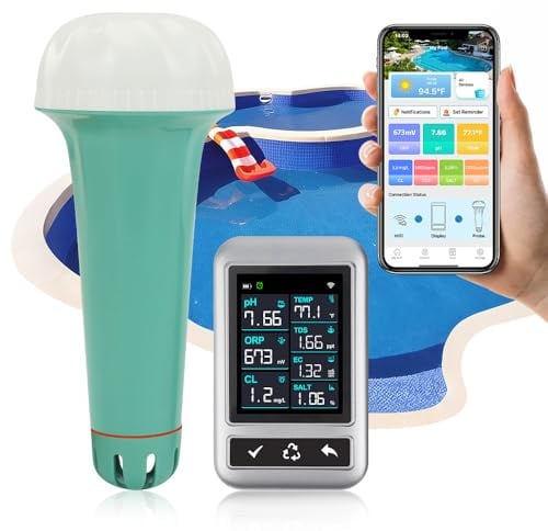 RYAKKA Smart Pooltester Wiederaufladbar 5200 mAh mit App Live-Überwachung & Auto-Alarm für pH, Chlor, Salz, ORP, TDS, EC & Temp– Digitaler Wassertester 300m Funkreichweite für Whirlpool Spa & Teich