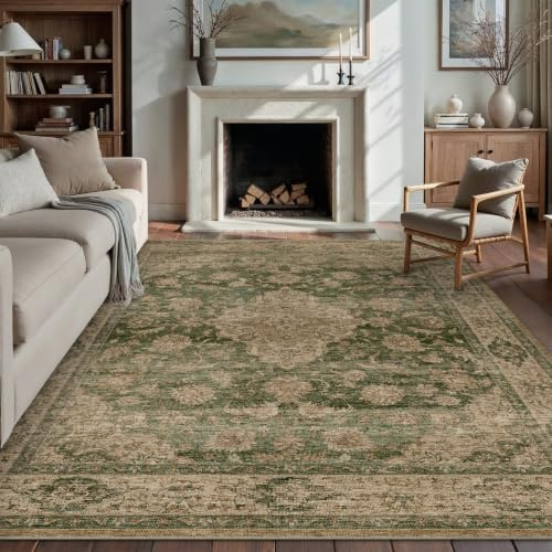 PureCozy Vintage Teppich Wohnzimmer 200x300cm Grün Waschbar Groß Teppiche | Retro Teppich,Waschbar,Rutschfest,Weich Kurzflor,für Schlafzimmer,Esszimmer,Büro Rug