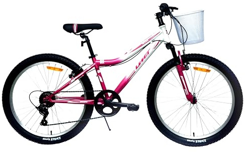 DEPORBIKES Vélo 24 pouces fille 8-12 ans | VTT + 7 vitesses Shimano + freins V-Break + suspension avant, résistant et sûr, idéal pour fille (rose-blanc)