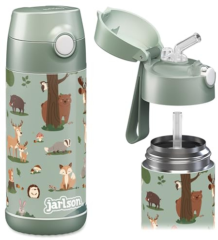 Jarlson® Trinkflasche Kinder Edelstahl Charli [MIT STROHHALM] - Thermosflasche Auslaufsicher - Thermoskanne - Water Bottle Kids - Thermo Trink Flasche für Schule & Kindergarten (350ml, Waldtiere)