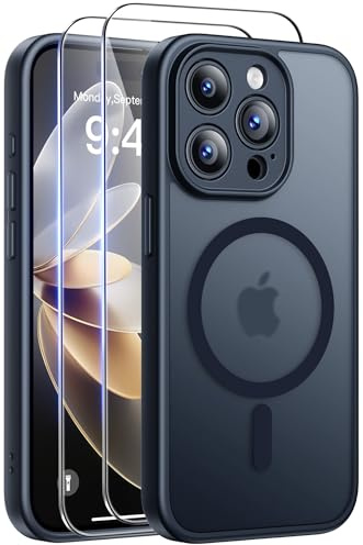 FLLAO for iPhone 15 Pro Max Case, Magnetic Bumper Case with 2X HD Screen Protector, Full Camera Protection, Military-Grade Shockproof, Slim Translucent Matte Cover, Black