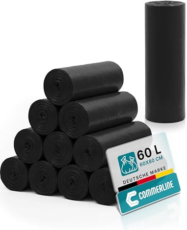 Commerline 5 Rouleaux (50 Pièces) de Sacs Poubelle | 60 L, Noir - 60 x 80 cm | Indéchirables et Anti-fuite | Pour la Maison, le Bureau, le Commerce et la Restauration