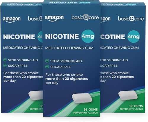 Amazon Basic Care Nicotine Gums, Stop Smoking Aid, 4mg Extra Strength for Heavy Smokers, Mint Flavour, 288 Count (3 Packs of 96)
