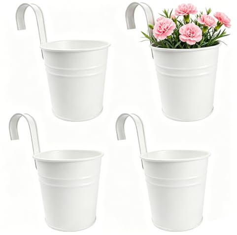 Meenewching 4 vasi da fiori sospesi, 16 cm, in metallo, con gancio rimovibile e fori di drenaggio, per balcone, giardino, ringhiera, interni ed esterni (bianco)