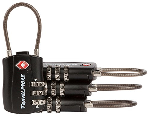TravelMore TSA-Kofferschlösser | Gepäckschlöss mit flexiblem Kabel | TSA-Schlöss für Flugreisen | Schlösser für Koffer, Rucksäcke, Gepäck | 4er-Pack, Schwarz