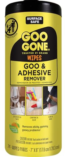 Goo Gone Clean Up Wipes Adhesive Remover - 24 Count - Removes Adhesive Residue Labels Stickers Crayon Tree Sap Gum Masking Tape Glue and More
