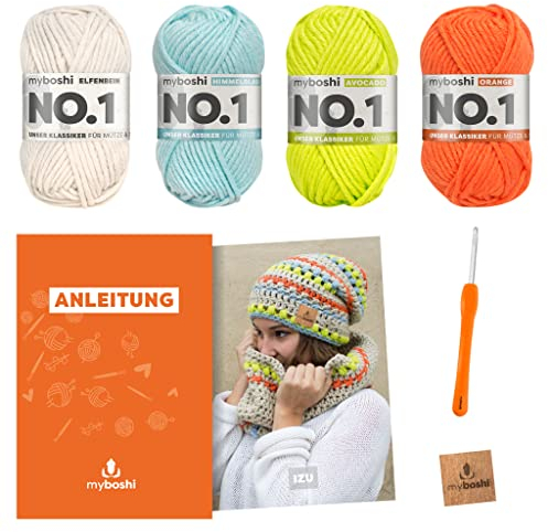 myboshi Häkelset Mütze Izu und Schal Settsu, Häkelset für Anfänger, inkl. No.1 Wolle, Nadel und Anleitung, für Mütze und Schal, Häkelpaket, 30% Merinowolle Blau mit Häkelnadel