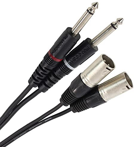 Plugger, câble instrument épanoui équipé de 2x XLR mâle 3 broches vers 2x Jack mâle TS mono 6,35mm. Signal asymétrique. Longueur 60cm. Câble audio stéréo de qualité pour Hifi, Sono, Console de mixage Noir
