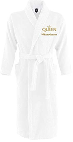 Nashville print factory Sol´s Bademantel Palace Morgenmantel bestickt mit Wunschname und Motiv/KING/QUEEN/Krone Gold Partner-Look Sauna Bad Name (L/XL, QUEEN + Name)