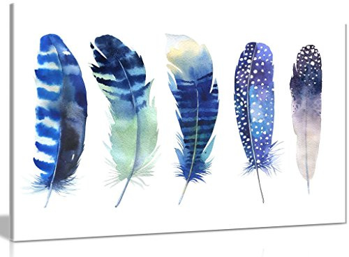 Watercolour Feathers Boho Blue Canvas Wall Art Picture Print (36x24in)