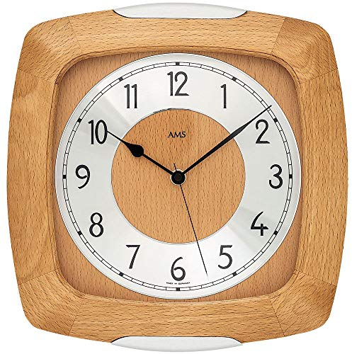 AMS 5804/18 Wanduhr Funk Funkwanduhr analog Holz Buche massiv mit Glas