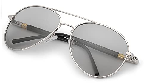 TJUTR Mens Photochromic Sunglasses Polarized for Driving Metal Frame with UVA UVB Protection (Silver Frame/Grey Photochromic Lens)