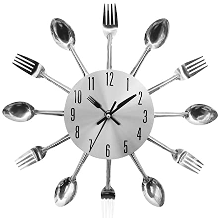 Petyoung 3D Wall Clock, Modern Creative Cutlery Kitchen Spoon Fork Wall Clock Mirror Wall Decal Wall Sticker Home Dining Room Decor