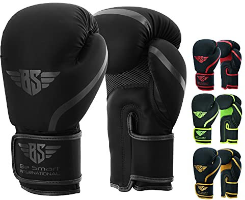 Gants de boxe professionnels pour adultes, adolescents et enfants, hommes et femmes Gants en cuir Pro Gel Muay Thai MMA Kick Boxing Sparring Combat et entraînement Sac de frappe (Noir mat)