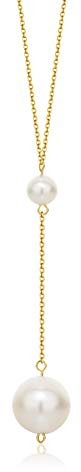 Orovi Schmuck Damen Halskette Gelbgold mit Kettenanhänger 2 runde weiße Süßwasserperlen 8.5 mm Kette aus 14 Karat (585) Gold, Länge Einstellbar 42-45cm