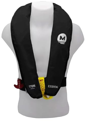 Gilet di salvataggio gonfiabile manuale 170 N Essential – senza imbracature, sicurezza marina ISO 12402‑3 – fischietto & D‑Ring – ripristinabile – comfort e visibilità (nero)