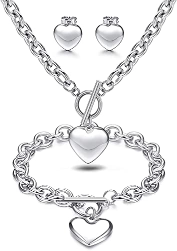Milacolato 3Sets Herz Anhänger Halskette Knebelkette Herz Armband Herz Ohrstecker für Damen Edelstahl Charm Liebe Herz Schmuck Set zum Muttertag
