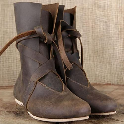 Mooke Renaissance-Ritter-Jäger-Stiefel Für Frauen/Männer - Retro-Mittelalter-Schnür-Punk-Stiefel - Wikinger-Piraten-Stiefel Aus PU-Leder Halloween-Cosplay-Kostüm,Braun,44