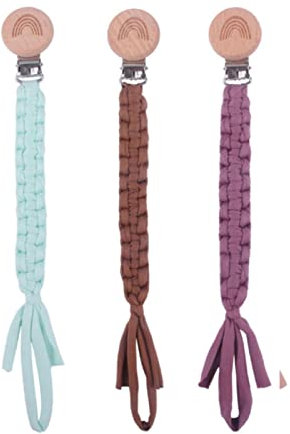SWECOMZE 3 Pcs Schnullerkette Baumwolle Schnullerband Baby Schnullerketten Clips für Neugeboren Mädchen und Jungs Lätzchen Dreieckstuch Sauger Schnuller (Lila+Hellgrün+kaffee)
