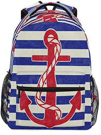 Vintage-Rucksack mit Anker auf marineblauen Streifen für Mädchen, Jungen, Teenager, recycelte Schultasche mit Laptopfach, 40,6 x 29 cm