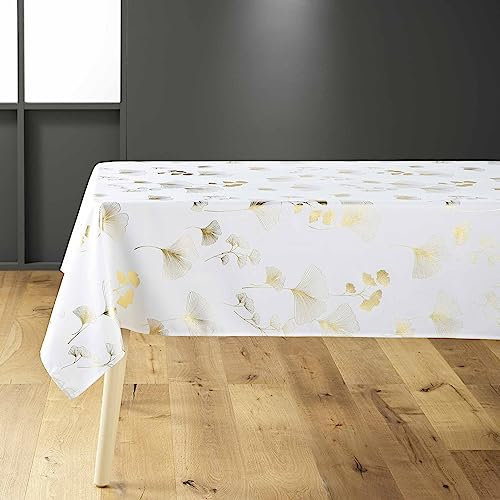 Douceur d'Intérieur, Nappe de Fête Rectangle (150 x 240 cm) Bloomy Blanc/Or, Polyester Imprimé Métallisé