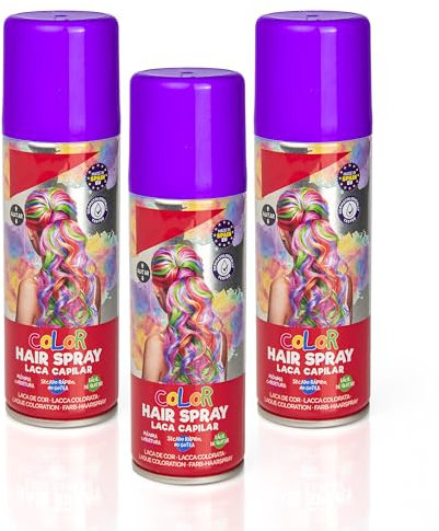 Pack 3 Laca de Pelo Color Morado 125ml - Spray Colores para Cabello Rápida coloración, Lavable