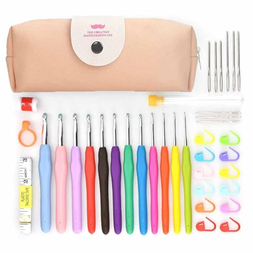 YINVA Häkelnadel Set 41pcs Häkel Set, Häkelnadeln Stricken Nadeln Kit Bunte Ergonomische Soft Gummi Comfort Grip, Häkelhaken Set mit Tragbaren Tasche (peach)