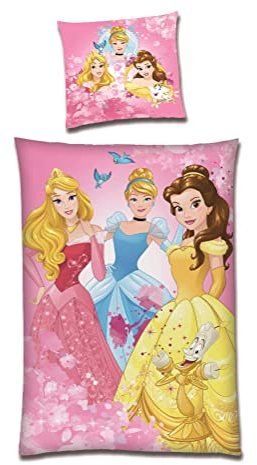 Warme Prinzessinnen Winter Bettwäsche · Rosa Fleece Mädchenbettwäsche 135x200 80x80 cm · 2-TLG. Kinderbettwäsche Set mit Disney Motiv Belle Dornröschen Cinderella