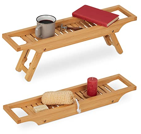 Relaxdays Bandeja Bañera Bambú, Altura Regulable, Patas Plegables, 5,5x65x15 cm, Tabla Baño para Jabón o Libros, Natural