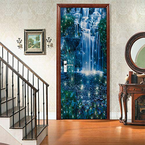 Adesivo Per Porte 3D Per Porte Interne Blu e cascate Alla Moda Fotomurali Autoadesivi Per Porte In Vinile, Carta Da Parati Soggiorno Cucina Camerette Art Applique L80 x A210cm