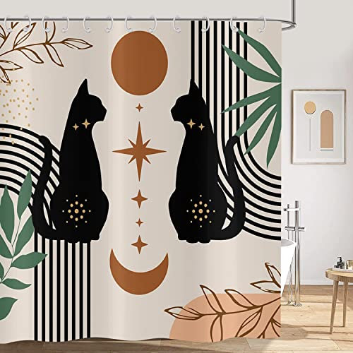 Rideau de douche Boho 180x200, Hnmdmyi Mid Century Abstrait Noir Chat Feuille Lune Étoile Beige Rideau de baignoire Moderne Terracotta Art Esthétique Imperméable Tissu Polyester Lavable Rideau de bain
