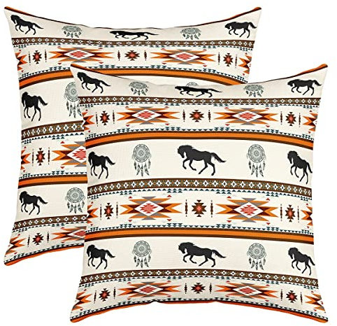 2er Set Kissenbezüge Traumfänger Pferd Kissenbezüge 45x45cm Galoppierende Pferde Dekokissen für Home Wohnzimmer Dekor Kissenhülle Kissenbezug Umkehrbar Exotisch Tribal Elemente Wurf Dekokissen