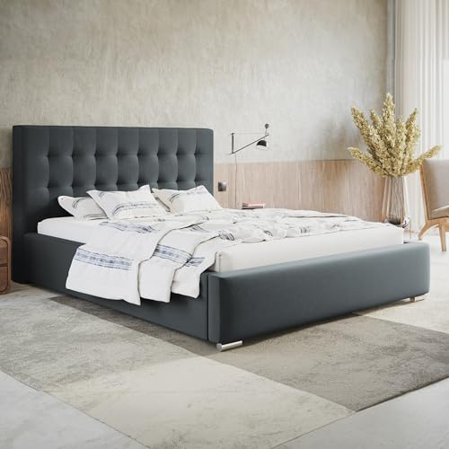 MOTIVENA Deli Polsterbett 180x200 mit Bettkasten, Bett 180x200 mit Lattenrost, Bett 180x200 mit Stauraum, Stauraumbett 180x200, mit Kopfteil, ohne Matratze, Samt, Grau (Anthrazit)