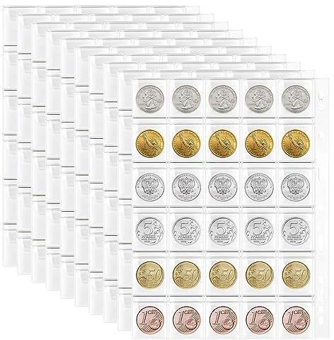 Niboken Münzseiten für Münzen, Aufbewahrung Münzalbum mit Standard-9-Loch Münzhalter, Ø 35 mm Münztaschenseite Münzsammlung Währungsschutz Währungshalter (30 Taschen/ 10 Blatt)