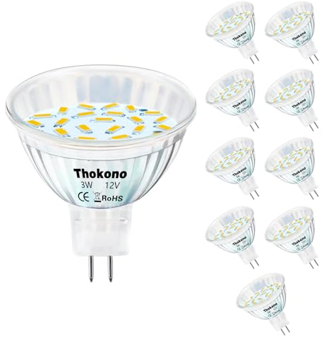 Thokono MR11 GU5.3 LED Warmweiss 2700K, 3W Ersetzt 20W Halogenlampen Glühlampen, 330Lm, 10er-Pack, AC/DC 12V-24V Flimmerfrei Strahler, 120° Abstrahlwinkel, Nicht-Dimmbar