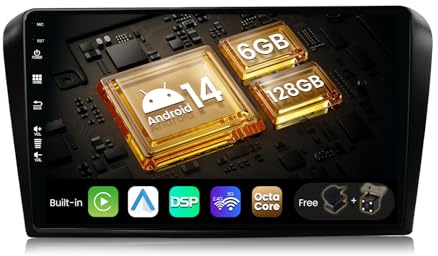 SXAUTO - 6G+128G - Android 15 IPS Autoradio für Mazda 3 (2006-2012) - Eingebaut Carplay/Android Auto/DSP - LED Kamera + MIC - DAB Lenkradsteuerung Fast-Boot 360-CAM WiFi - 2 Din 9 Zoll