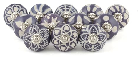 Rasiya Art Cupboard Purple Knobs - Hand Painted Ceramic Pulls for Chest of Drawers Boho Decorative Handles Ceramic Dresser Knobs - Pack of 12