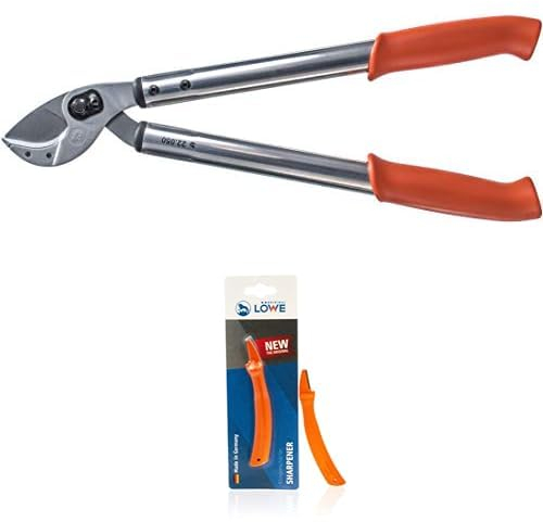 Original LÖWE Set bestehend aus Amboss Astschere 22.050 mit Bypass Geometrie zum Schneiden von Ästen, Zweigen und Bäumen - 50 cm & Klingenschärfer 0022 für Gartenscheren und Industriescheren