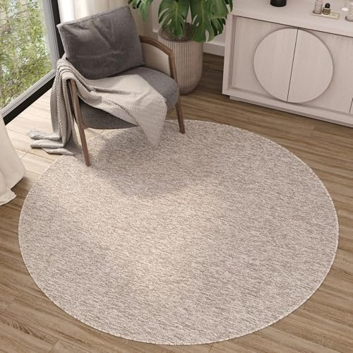 TAPISO Nizza Teppich Beige Creme Einfarbig Melange Rund Anti Rutsch Loop-Teppich Niedriges Flor Waschbar Wohnzimmer Schlafzimmer ÖKO-TEX 120 x 120 cm