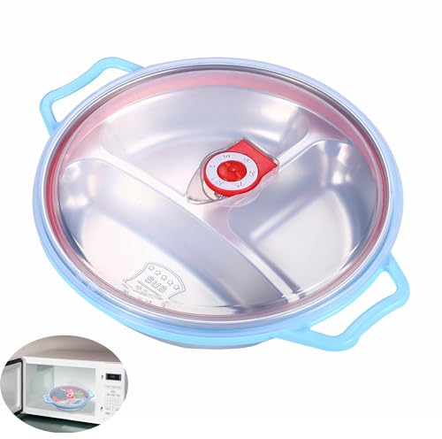 Assiettes Compartiment plateau Repas Enfant 22CM Assiette en Acier Inoxydable avec Couvercle Assiette 3 Compartiments Sans BPA - Passe au Lave-Vaisselle et Au Micro-Ondes (Bleu, 22CM)